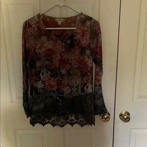 Live and Let Live orange and gray print/ Lace Blouse size small